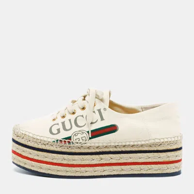 Pre-owned Gucci Lilibeth Size 38.5 Beige Canvas Espadrille Platform Sneakers In Sand