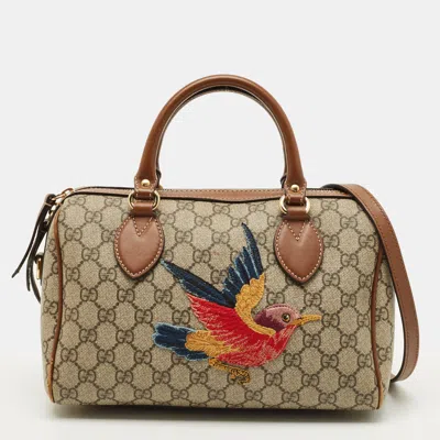 Pre-owned Gucci Limited Edition Bird Embroidered Beige/brown Gg Supreme Canvas Boston Bag In Sand