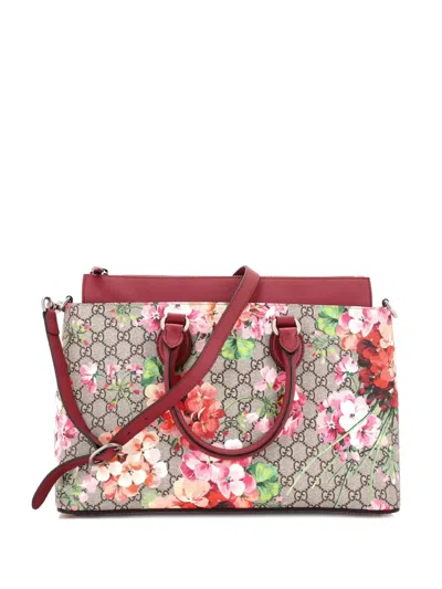 Pre-owned Gucci Linea A Convertible Blooms Print Gg Coated Canvas Medium Tote Bag In Brown