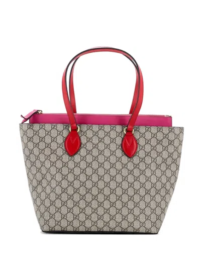 Pre-owned Gucci Linea A Zip Gg Coated Canvas And Leather Medium Tote Bag In Brown