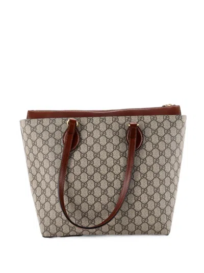 Pre-owned Gucci Linea A Zip Gg Coated Canvas And Leather Medium Tote Bag In Brown