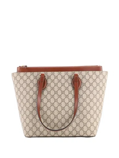 Pre-owned Gucci Linea A Zip Gg Coated Canvas And Leather Medium Tote Bag In Brown