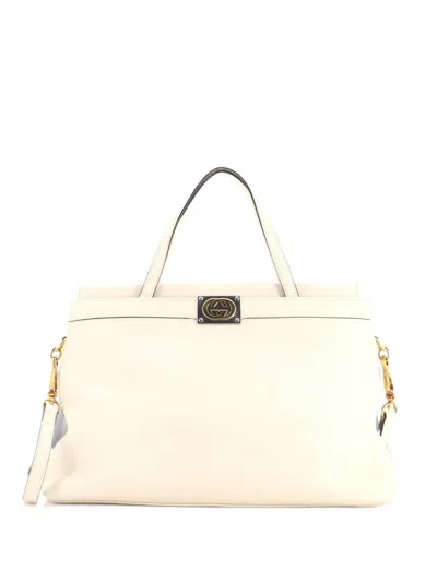 Pre-owned Gucci Linea Matisse Interlocking G Top Handle Tote Leather Medium Satchel In Neutrals