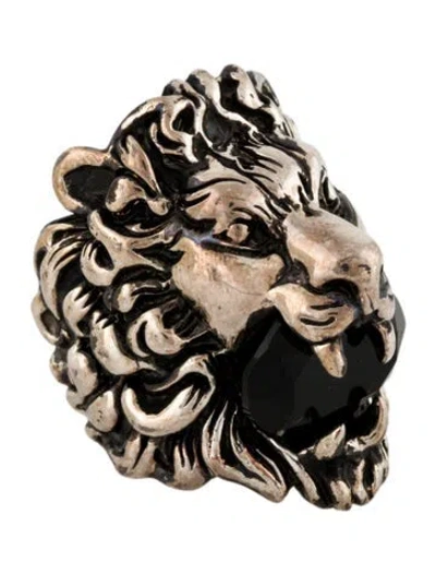 Pre-owned Gucci Lion Head Crystal Cocktail Ring In Black