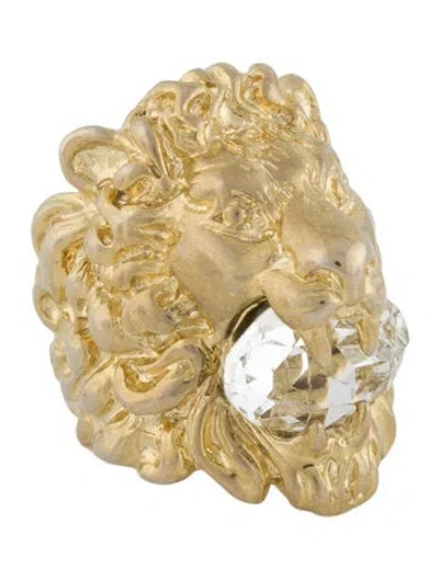 Pre-owned Gucci Lion Head Crystal Cocktail Ring In Transparent