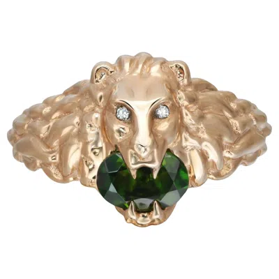 Pre-owned Gucci Lion Head Diamond Chrome Diopside Ring 18k Yellow Gold Size 7.25