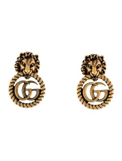 Pre-owned Gucci Lion Head Double G Clip-on Drop Earrings In Multicolor