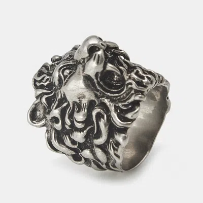 Pre-owned Gucci Lion Head Motif Silver Tone Ring Size 55
