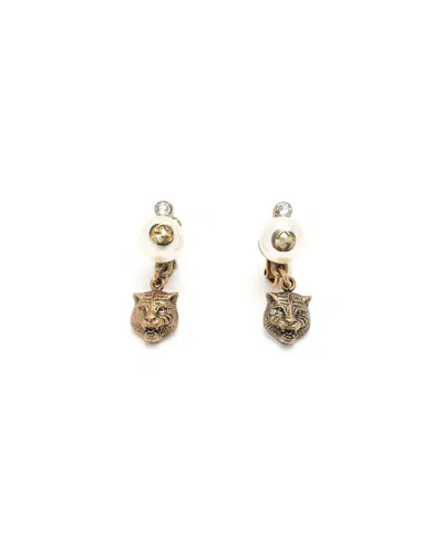 Gucci Lion Head Pearl Earrings In Gold
