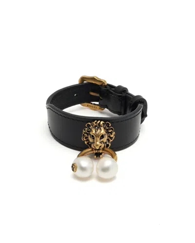 Gucci Lionhead Leather Bracelet In Black