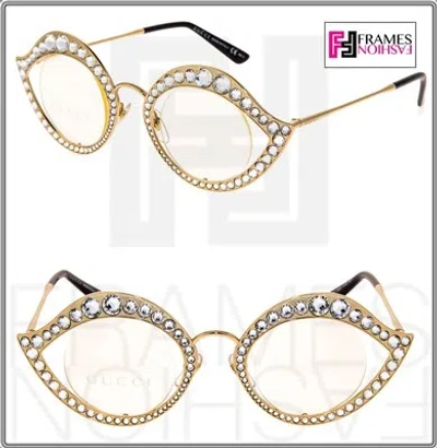 Pre-owned Gucci Lips Crystal Sunglasses 4287 Cat Eye Gold Metal Frame Glasses 0046 In J5g99