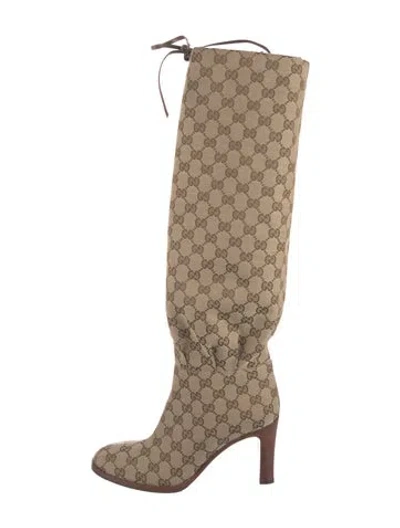 Pre-owned Gucci Lisa Gg Canvas Drawstring Mid-heel Boots Canvas Boots In Neutral