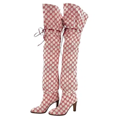 Pre-owned Gucci Lisa Gg Monogram Slouch Thigh High Boots 37 In Beige