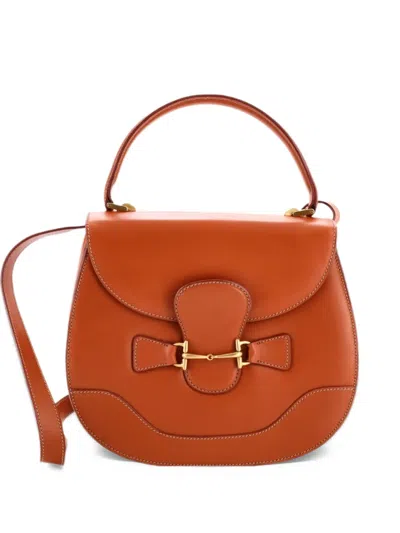 Pre-owned Gucci Lock Ring Vintage Horsebit Convertible Top Handle Bag Satchel In 褐色