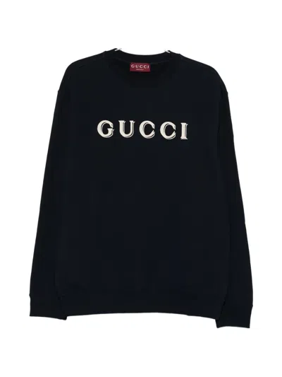 Gucci Log-detail Crew-neck Sweater In Blue
