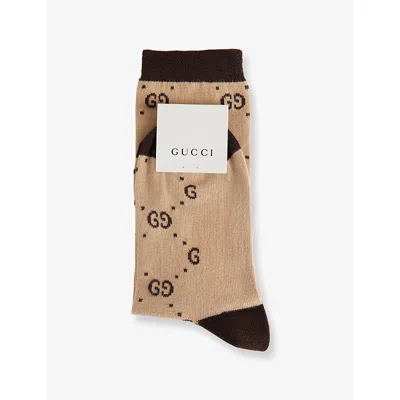 Gucci Kids' Loggina Brand-print Cotton-blend Crew Socks 6-12 Years Beige/dark Brown