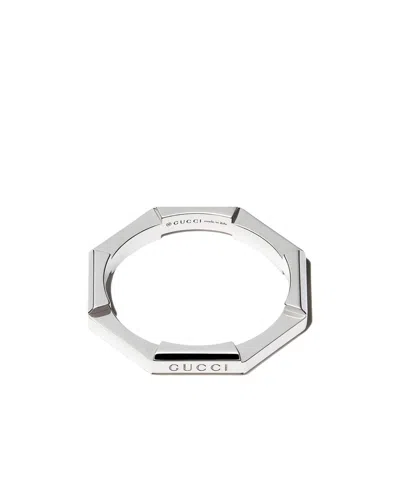 Gucci 18kt White Gold  Link To Love Striped Ring In Silver