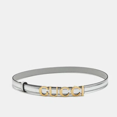 Pre-owned Gucci Logo 60cm Slim Belt Silver Leather
