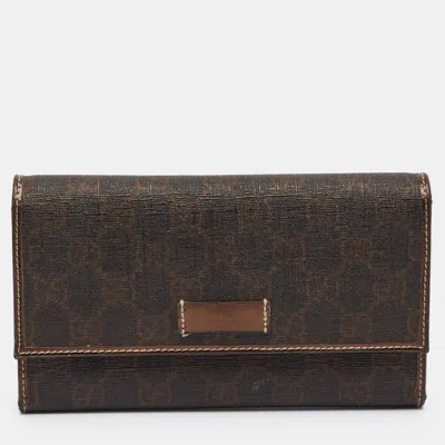 Pre-owned Gucci Logo Bronze Gg Supreme Canvas And Leather Trifold Wallet In Brown
