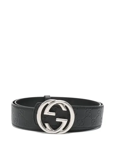 Gucci Logo-buckle Patterned Belt In Black