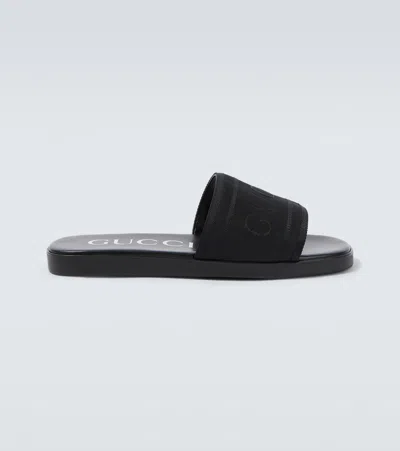 Gucci Logo Canvas And Leather Slides In Black