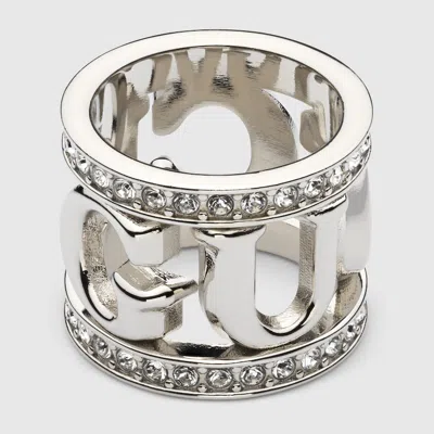 Gucci Logo Carré Ring With Crystals In Metallic