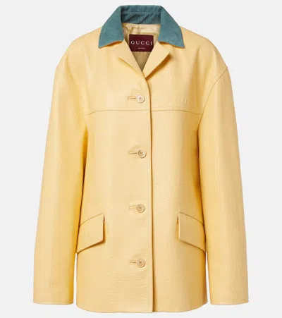 Gucci Logo Corduroy-trimmed Leather Jacket In Canary/serano