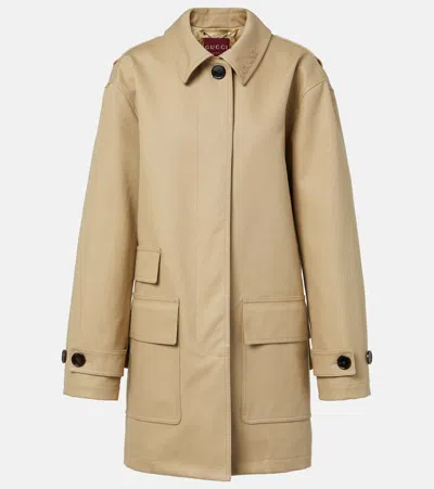 Gucci Logo Cotton Gabardine Trench Coat In Cold Beige