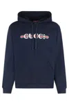 Gucci Blue Hoodie With Drawstring Hood And Logo Print On The Front In Jersey Man In Blue