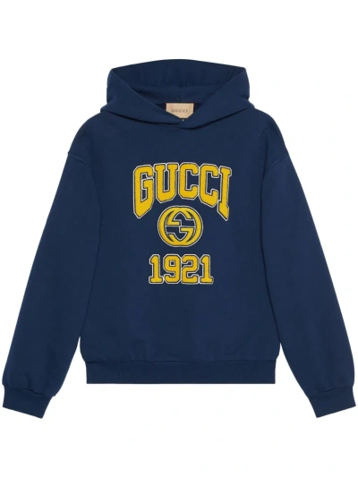 Gucci Logo-embroidered Cotton Hoodie In Blue