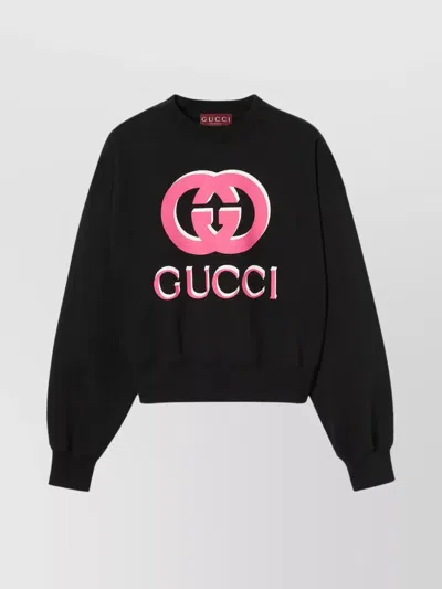 Gucci Logo Crewneck Pullover With Ribbed Trim In Black