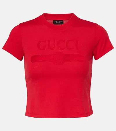 Gucci Logo Cropped Cotton-blend Jersey T-shirt In Red
