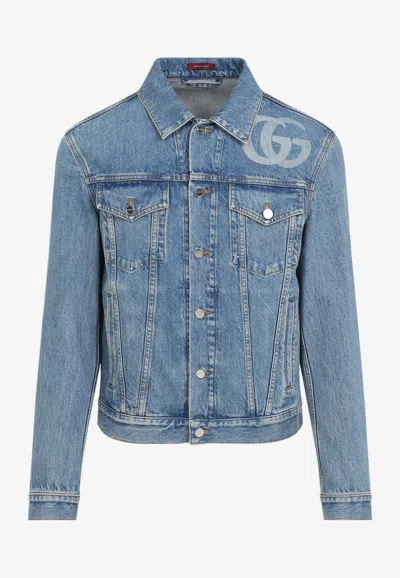 Gucci Light Blue Jacket With Gg Logo Print On The Front In Denim Man In Black