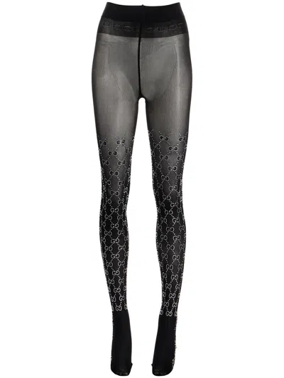 Gucci Logo Diamond-embellished Tights In Black