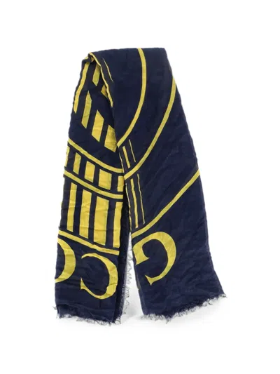 Pre-owned Gucci Logo Disk Fringed Scarf In Blue