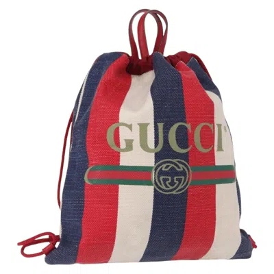 Pre-owned Gucci Logo Drawstring Backpack Striped Canvas Blue Canvas Backpack Bag ()