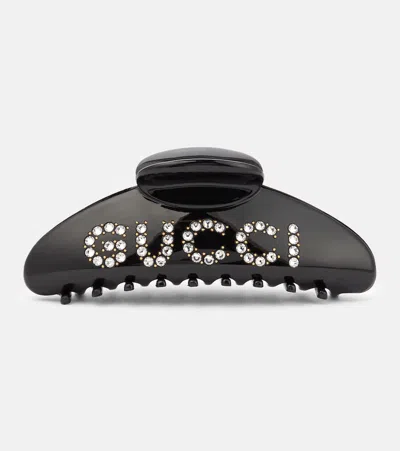 Gucci Logo Embellished Hair Clip In 8005/crystal/black