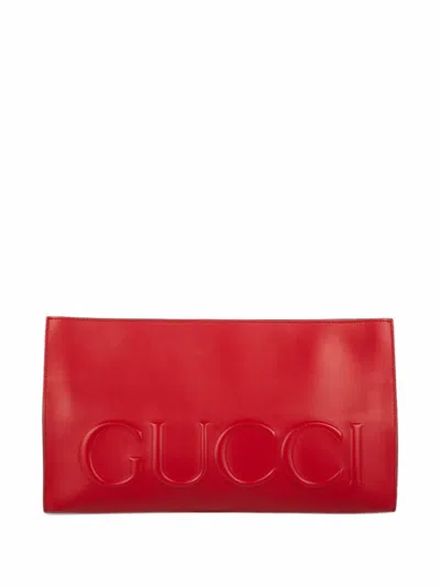 Pre-owned Gucci Logo Embossed Calf Leather Clutch Bag In Red