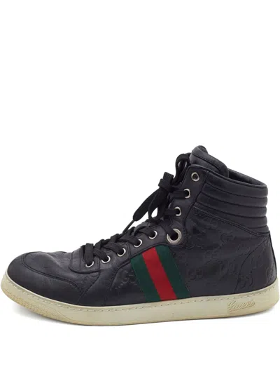 Pre-owned Gucci Logo-embossed Leather High-top Sneakers In Black