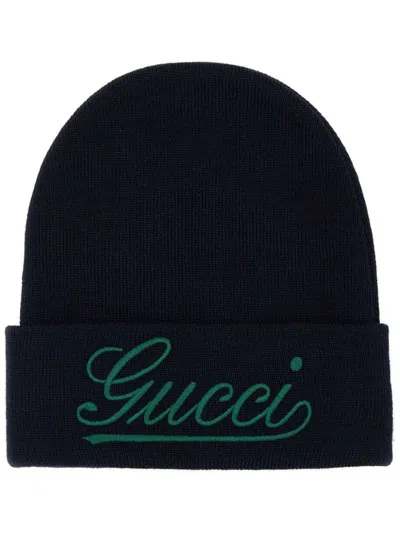 Gucci Logo-embroidered Beanie In Blue