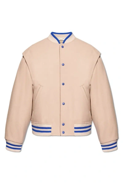 Gucci Logo-embroidered Stand-collar Boxy-fit Wool Varsity Jacket In Truffle/mix