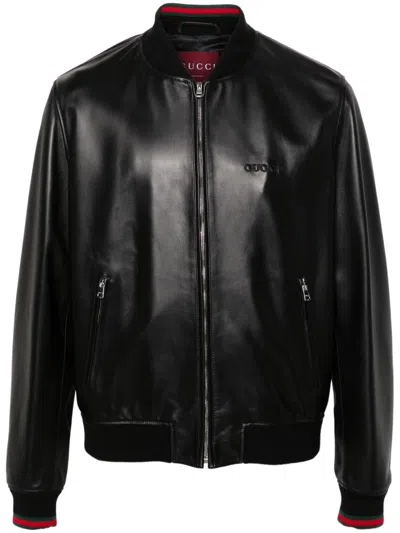 Gucci Leather Bomber Jacket In Black Green Red