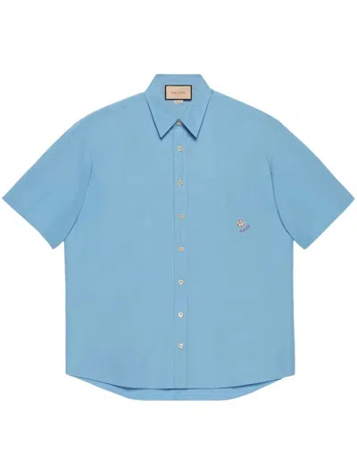 Gucci Embroidered Logo Short-sleeve Shirt In Blau