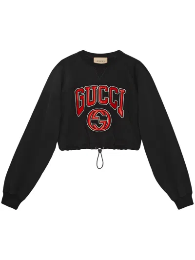 Gucci Black Cropped Crewneck Sweatshirt With Logo Print In Cotton Woman In Multi
