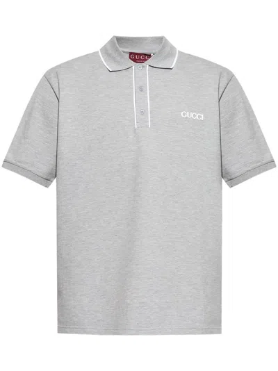 Gucci Logo-embroidered Piqué Polo Shirt In Grey