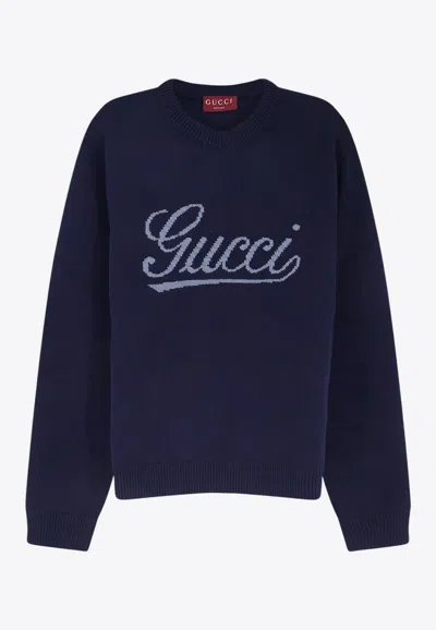 Gucci Logo Embroidered Sweater In Blue
