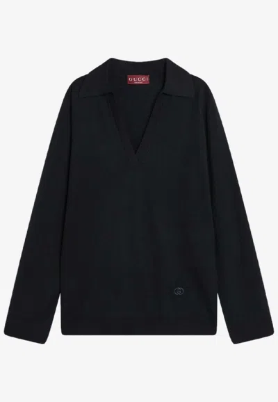Gucci Logo-embroidered V-neck Sweater In Blue