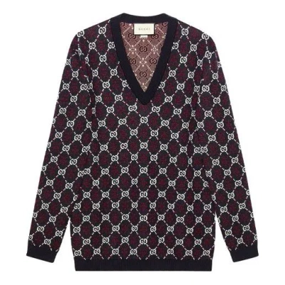 Gucci Logo Embroidered V Neck Sweater 'navy' In Brown