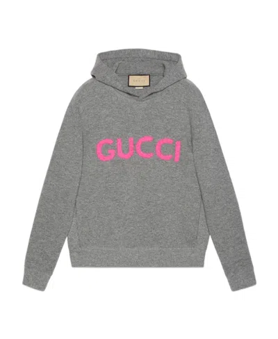 Gucci Logo-embroidered Wool Hoodie In Gray