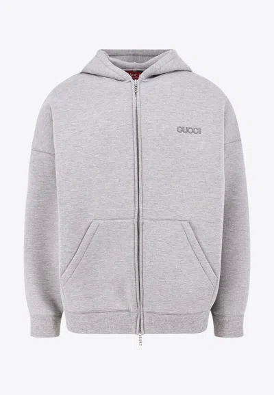 Gucci Logo-embroidered Zip-up Hoodie In Gray